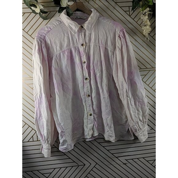 ZARA Women's Pink White Tie Dye Button Up Puff Sleeve Collar Long SleeSize Large - Picture 3 of 6